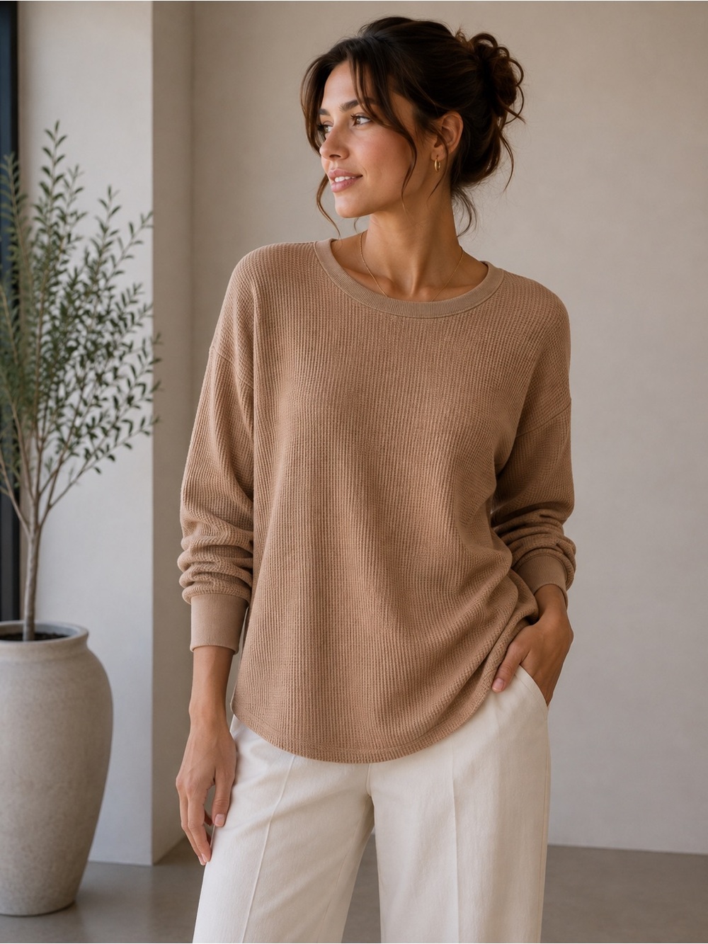 UNIQLO Women’s Waffle Knit Sweater Size S Tan Taupe Long Sleeve Crewneck - Picture 1 of 8